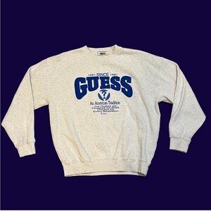 GUESS Men's Light Gray Crewneck Sweater with Blue Logo Made In Japan Size Large